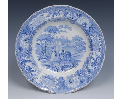 A Spode Aesop's Fables Series The Lion in Love soup plate, transfer printed in tones of blue with lion and figures in a lands