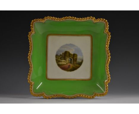 A Flight Barr & Barr Worcester shaped square Named View plate, painted with Land Gate, Winchelsea, Sussex, within a gilt roun