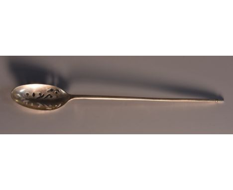 A mid-18th century mote spoon, pierced bowl, spiked finial, 15cm long, maker IJ, c.1750