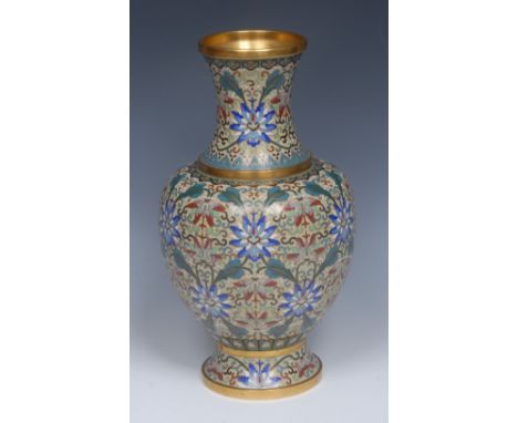 A Chinese cloisonné enamel baluster vase, decorated in colourful polychrome with flowers, diaper and foliate scrolls, 32cm hi