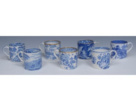 A Spode Love Chase pattern coffee can, transfer printed in tones of blue with lovers and cupids, guilt line borders, c.1800; 