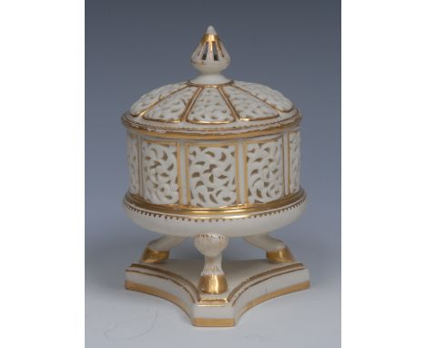 A Grainger's & Co Royal Worcester blush ivory reticulated pot pourri and cover, lobed cylindrical drum pierced with scrolls a