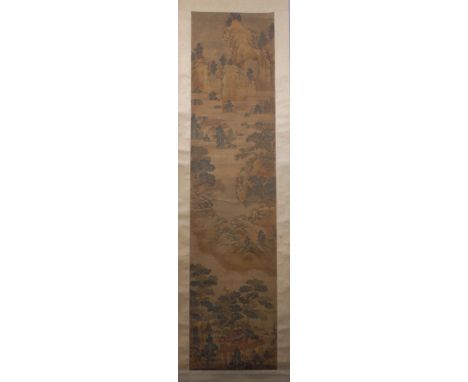 Chinese School (18/19th century)Pagodas in a Monumental Landscapewatercolour, 167cm x 40cm, on a scroll   Condition Report:  