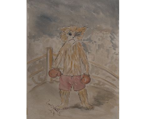 In the manner of Louis Wain
Knocked Out, a boxing cat with black eye
bears signature, watercolour, 50cm x 38cm