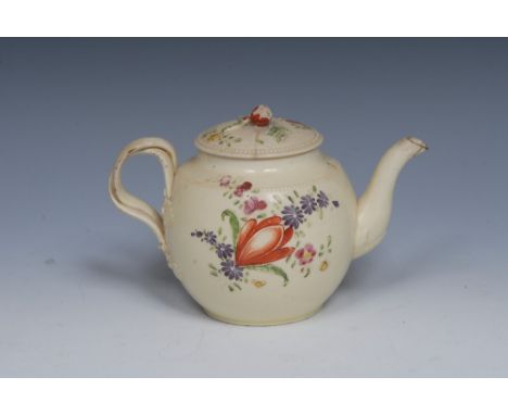 An 18th century globular teapot and cover, decorated with stylised flowers and foliage in colours, beaded borders, flower fin