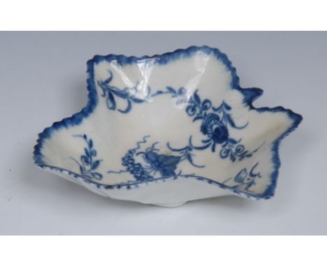 A Worcester leaf shaped pickle dish, painted in light blue with the pickle leaf vine pattern, the underside in relief with ve
