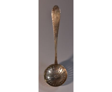 A George III Irish silver Bright-cut Celtic Point pattern sifter spoon, 14.5cm long, pierced circular bowl, 14.5cm long, make