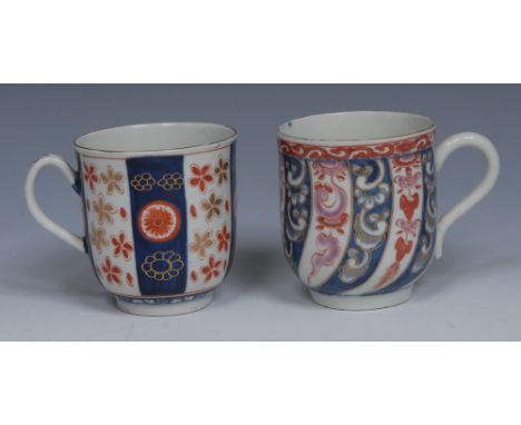 A Worcester coffee cup, decorated in the Imari palette, with alternating spiralling bands with stylised scroll and flowerhead