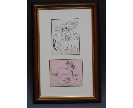 Louis Wain (1860-1939)A Cat Holding a Lobster, by the Coastsigned, pen and ink, 14cm x 11cm; another, Dog Coming, titled, pen
