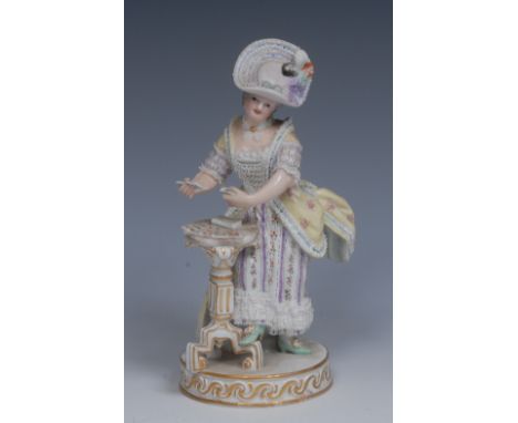 A 19th century Meissen figure, The Female Card Player, modelled after Michel Victor Acier, the aristocratic lady stands by a 