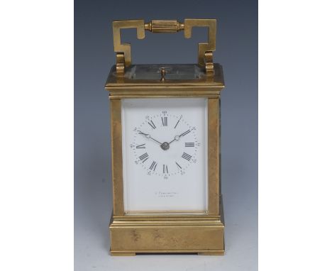 A 20th century brass quarter repeater carriage clock, white dial with Roman numerals, inscribed J. Penlington of Liverpool,  