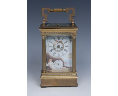 A substantial French-style carriage alarum, Anglaise riche case, 8-day movement, platform escapement, ceramic dial and panels