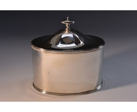 Tiffany & Co - an American sterling silver oval tea caddy, quite plain and in the 18th century taste, knop finial, hinged dom
