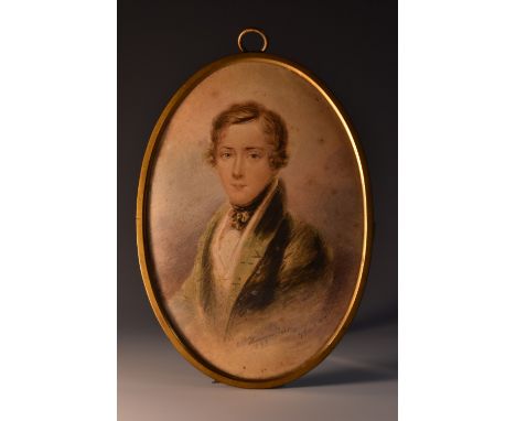 E.H. Thompson (early 19th century), portrait miniature, of a young gentleman, bust-length, wearing green bow-tied stock and f