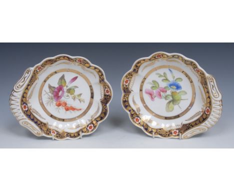 A pair of Spode Botanical shell shaped dishes,  painted with colourful convolvolus, within in gilt husk cartouche, the border