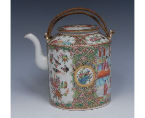 A 19th century Chinese famille rose cylindrical libation ewer, the drum painted in colourful polychrome with alternating C-sc