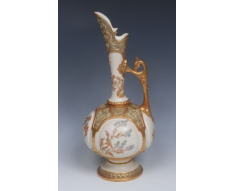 A large Royal Worcester Persian inspired  ewer, printed and painted with stylised floral sprigs, on a blush ivory ground, in 