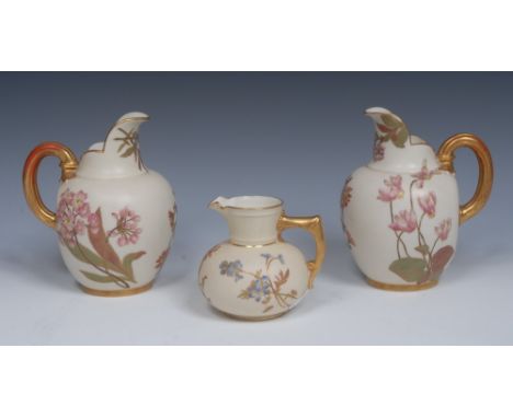 A Royal Worcester flat sided ovoid jug, printed and painted with stylised iris and honeysuckle, on a blush ivory ground, gilt