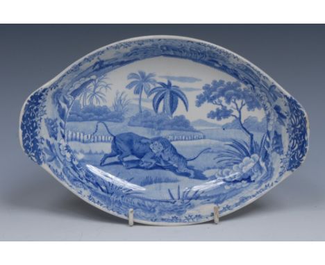 A Spode Indian Sporting Series Battle Between a Buffalo and a Tiger pattern two-handled oval serving dish,  transfer printed 