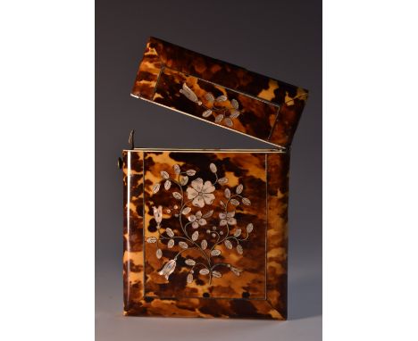 A Victorian tortoiseshell and mother of pearl marquetry rectangular visiting card case, inlaid with flowering leafy stems, hi