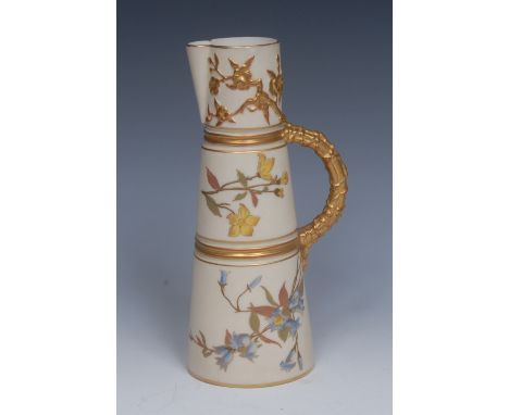 A Royal Worcester spreading cylindrical jug, printed and painted with flower sprigs, on a blush ivory ground, bound reeded ha