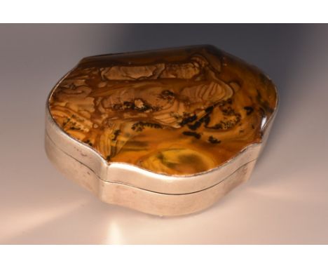 A 19th century silver coloured metal and agate snuff box, hinged cover, gilt interior, 6cm wide, unmarked