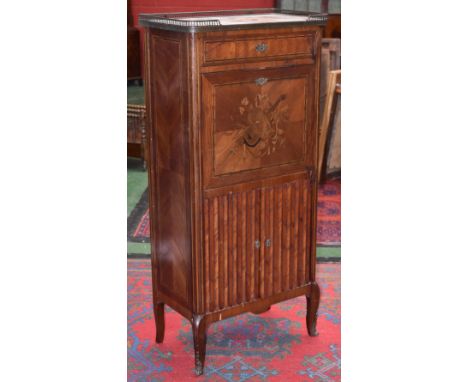 A Louius XV Revival gilt-metal mounted kingwood and marquetry escritoire, pierced brass gallery, marble top, single drawer ov