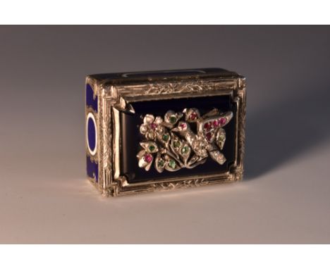 A 19th century gem set silver and enamel rectangular snuff box, hinged cover applied with a bird on a leafy branch, on a bleu