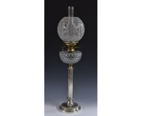 A Victorian E.P.N.S table oil lamp, acid etched globular shade, Hink's patent Duplex burner, hobnail-cut reservoir, reeded co