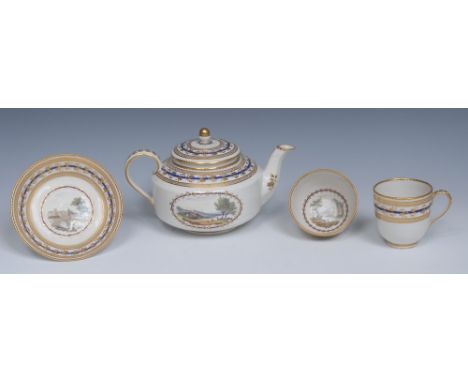 A Derby tea bowl, coffee cup and saucer, painted probably by Zacariah Boreman with idealized landscapes with figures, within 