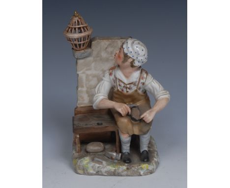 A Sampson Hancock Derby  figure, The Cobbler, seated working with tools of his trade, a caged bird behind him, 15.5cm high, S