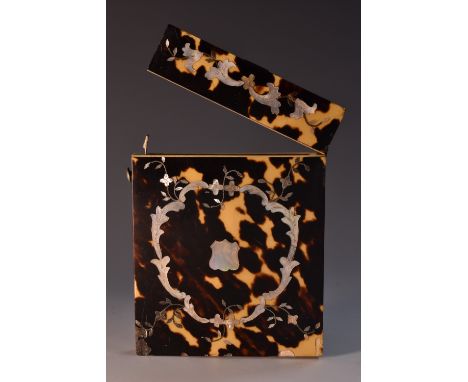 A Victorian tortoiseshell and mother of pearl marquetry rectangular visiting card case, inlaid with flowers and bands of leaf