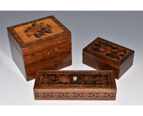 A Victorian Tunbridgeware and rosewood rectangular tea caddy, hinged cover inlaid with a spray of flowers, within a geometric