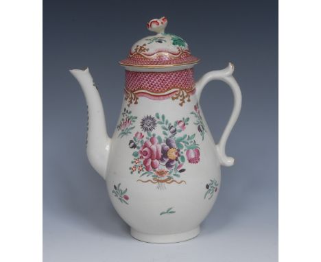 A Worcester famille rose pattern baluster coffee pot and cover, painted with stylised flowers and foliage, bordered in scale 