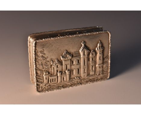 A William IV silver rounded rectangular castle top vinaigrette, hinged cover in relief with a view of Newstead Abbey, Notting