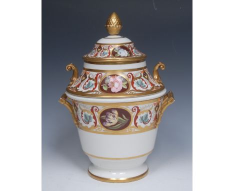 An English porcelain sorbet pail, liner, middle cover and domed cover, banded with summer flowers and Regency scrolls, in gil