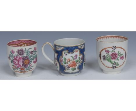 Worcester Tea Ware - a coffee cup, with fan and vase shaped reserves,each with colourful flowers on a scale blue ground, c.17