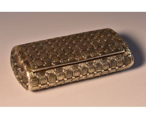 A George III silver-gilt rounded rectangular snuff box, cast with faux basket weave, 7.5cm wide, John Reily, London 1810, 3oz