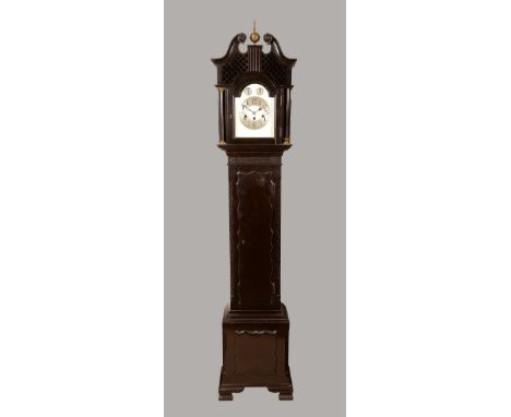 A Chippendale Revival mahogany musical shortcase hall clock, 18cm arched silvered dial inscribed Coxon, Nottingham, Chime/Sil