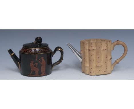 An English caneware bamboo teapot, picked out in brown, silver metal spout, 9.5cm high, early 19th century;   a Jackfield typ