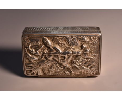 An early Victorian silver rounded rectangular snuff box, hinged cover cast with a hunting scene, the sides and base engine tu