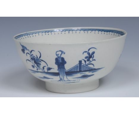 A Worcester Waiting Chinaman pattern  bowl,  finely painted in underglaze blue with figure, fence and stylised foliage, the i