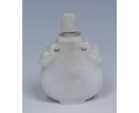 A Chinese jade flattened ovoid snuff bottle, pierced scroll handle, stopper, 5.25cm high