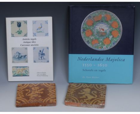 A Medieval square tile, with lion rampant, 13.5cm wide;  another;   two reference books, Dr Pieter Biesboer, Nederlandse Majo