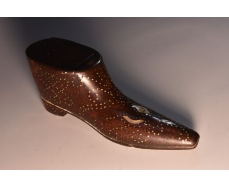 An early Victorian mahogany novelty snuff box, as a shoe, inlaid with mother-of-pearl marquetry and brass pinwork, sliding co