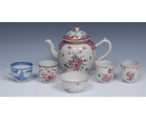 A Chinese Export porcelain famille rose globular teapot and cover, painted with blossoming peonies, chrysanthemums, foliage a