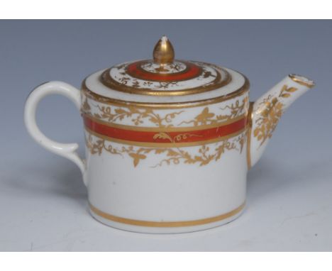 A miniature Derby drum shaped teapot, banded in orange and gilt scrolling foliage, 6.5cm high, crown, crossed batons and D ma