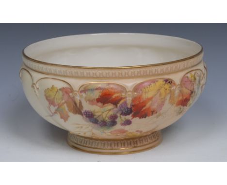 A Royal Worcester lobed pedestal ovoid bowl printed and painted with autumn foliage, blackberries and spider's web, on a blus