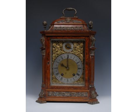 A Victorian gilt-metal mounted burr walnut bracket clock, the 14.5cm rectangular gilt brass dial with silvered chapter ring i