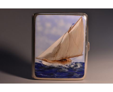 A George V silver and enamel rounded rectangular cigarette case, hinged cover decorated in polychrome with a sailing yacht on